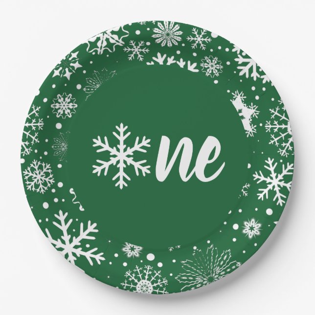 Forest Green Winter First Birthday Snowflake One  Paper Plates (Front)