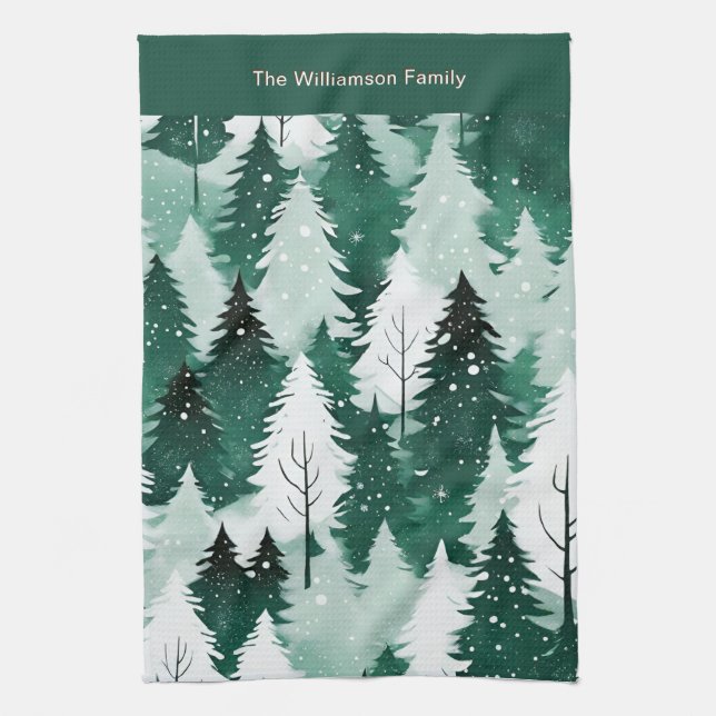 Forest Green Winter Trees Snow Christmas Kitchen Towel (Vertical)