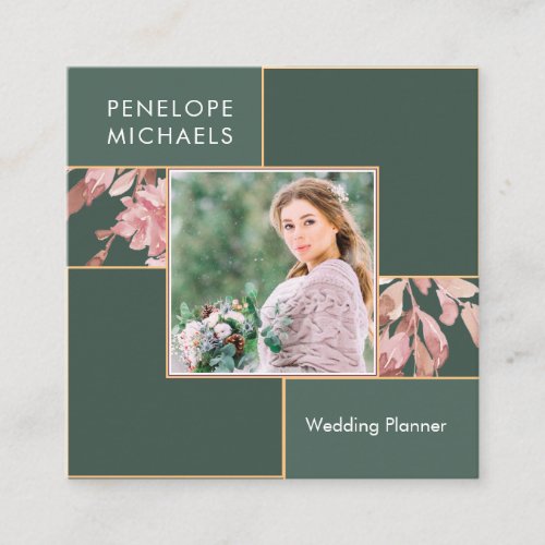 Forest Green with Blush Leaves Grid with Photo Square Business Card