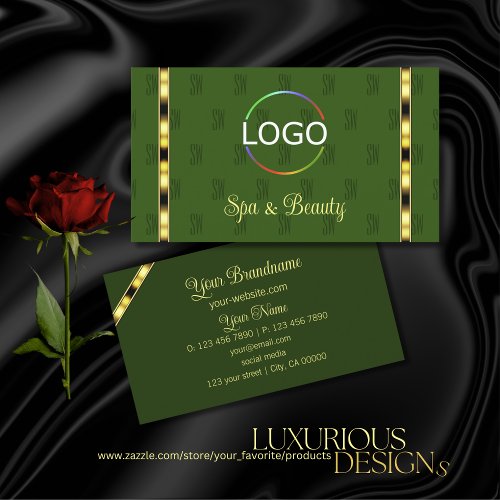 Forest Green with Logo Gold Ornate Letters Pattern Business Card