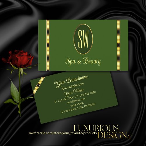 Forest Green with Monogram Gold Ornate Stripes Business Card