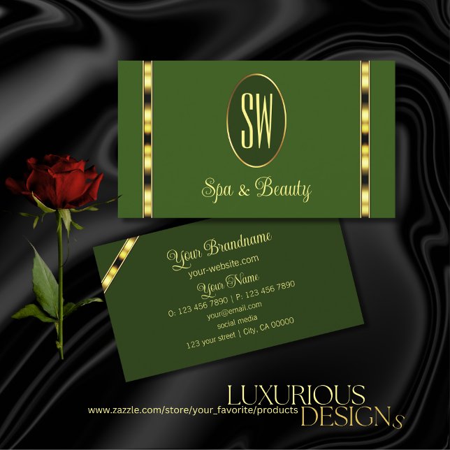 Forest Green with Monogram Gold Ornate Stripes Business Card (Creator Uploaded)