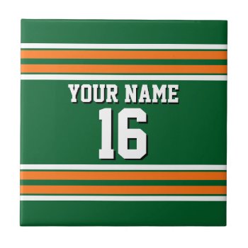 Forest Green With Orange White Stripes Team Jersey Ceramic Tile by FantabulousSports at Zazzle