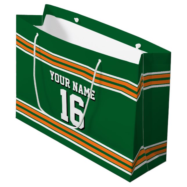 Forest Green with Orange White Stripes Team Jersey Large Gift Bag (Front Angled)