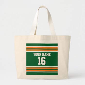 Forest Green With Orange White Stripes Team Jersey Large Tote Bag by FantabulousSports at Zazzle