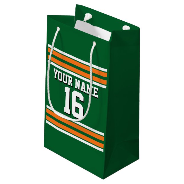 Forest Green with Orange White Stripes Team Jersey Small Gift Bag (Back Angled)
