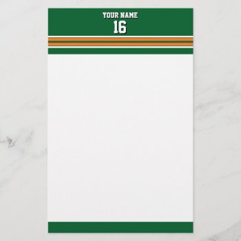Forest Green With Orange White Stripes Team Jersey Stationery by FantabulousSports at Zazzle