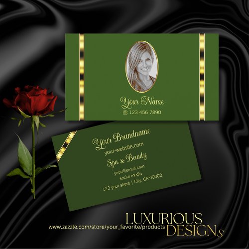 Forest Green with Photo Fancy Gold Ornate Stripes Business Card