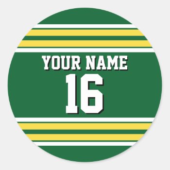 Forest Green With Yellow White Stripes Team Jersey Classic Round Sticker by FantabulousSports at Zazzle