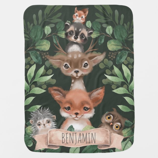 Forest Green Woodland Animals Nursery Monogram Baby Blanket (Front)