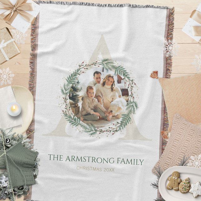 Forest Green Wreath Gold Monogram Photo Keepsake Throw Blanket (Forest Green Wreath Gold Monogram Photo Keepsake Throw Blanket ©Susanne Sachers - Sunny Mind 🌞)