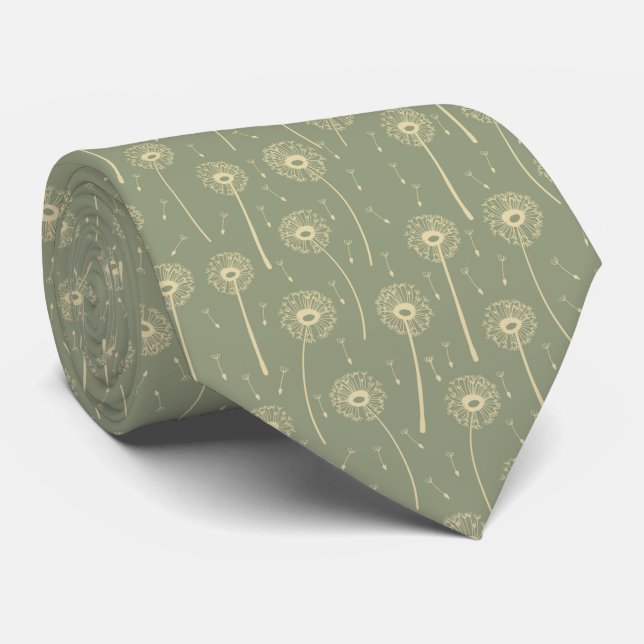 forest green yellow bohemian dandelions pattern neck tie (Rolled)