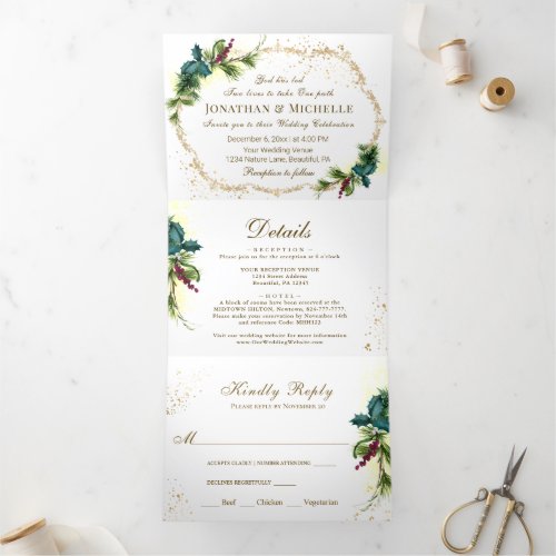 Forest Greenery All in One Christian Wedding Tri_Fold Invitation