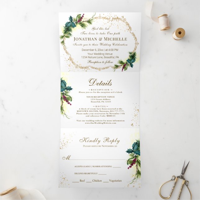 Forest Greenery All in One Christian Wedding Tri-Fold Invitation (Inside)