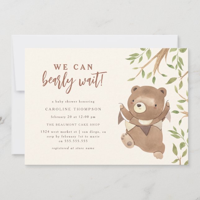 Forest Greenery We Can Bearly Wait Boy Baby Shower Invitation (Front)