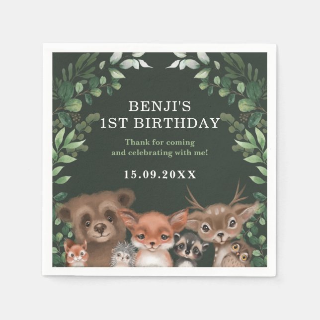 Forest Greenery Woodland Animals Wild One Birthday Napkins (Front)