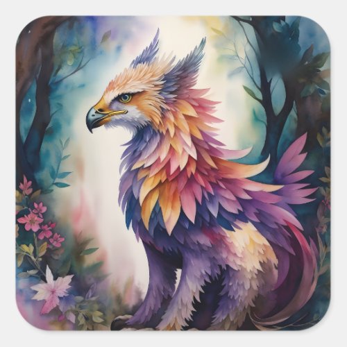 Forest Griffin Multicolor Watercolor Art Square Sticker