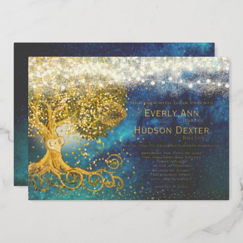 Forest Grove Fairy Lights Blue  Gold Wedding      Foil Invitation