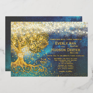 Forest Grove Fairy Lights Blue & Gold Wedding Foil Invitation