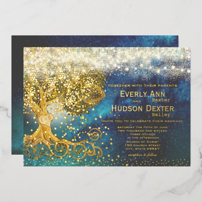 Forest Grove Fairy Lights Blue & Gold Wedding      Foil Invitation (Front/Back)