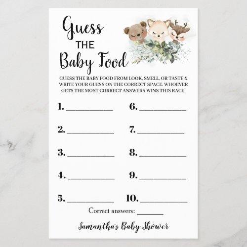 Forest Guess the Baby Food Baby Shower Game Card Flyer