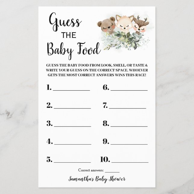 Forest Guess the Baby Food Baby Shower Game Card Flyer (Front)