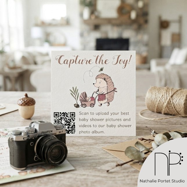 Forest Hedgehog Capture the Joy QR Code Card (Hand-drawn Forest Hedgehog Capture the Joy QR Code Card featuring autumn colors and charcoal text)