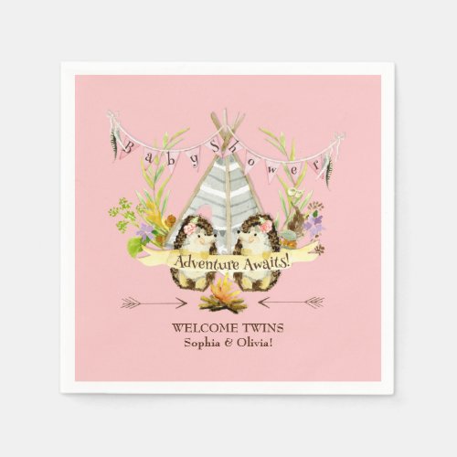 Forest Hedgehogs Twin Girls Boho Baby Shower Pink Paper Napkins