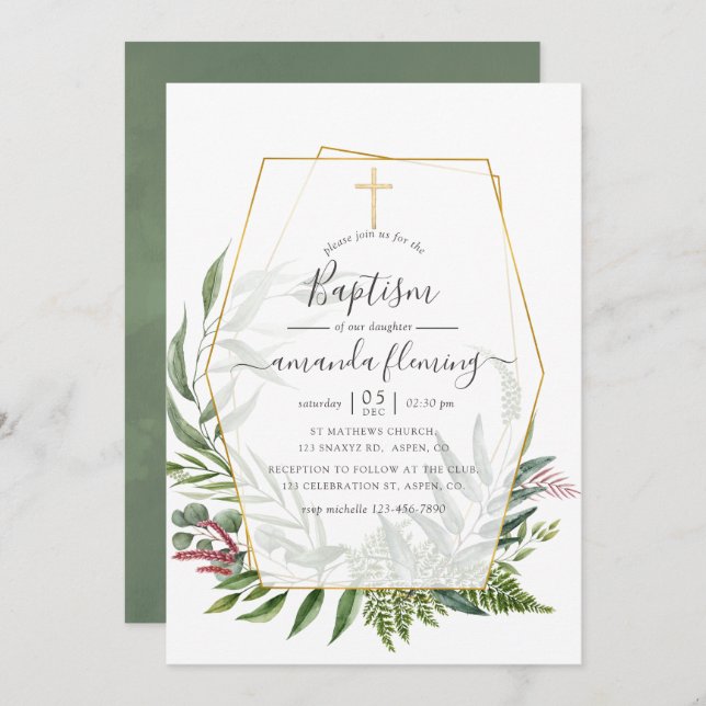 Forest Herbarium Geometric Baptism Invitation (Front/Back)