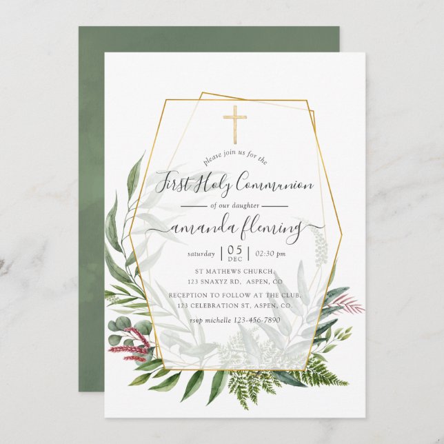 Forest Herbarium Geometric First Holy Communion Invitation (Front/Back)