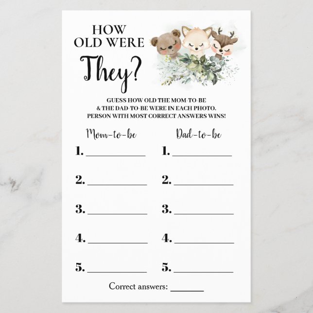 Forest How old were They Baby Shower Game Card Flyer (Front)