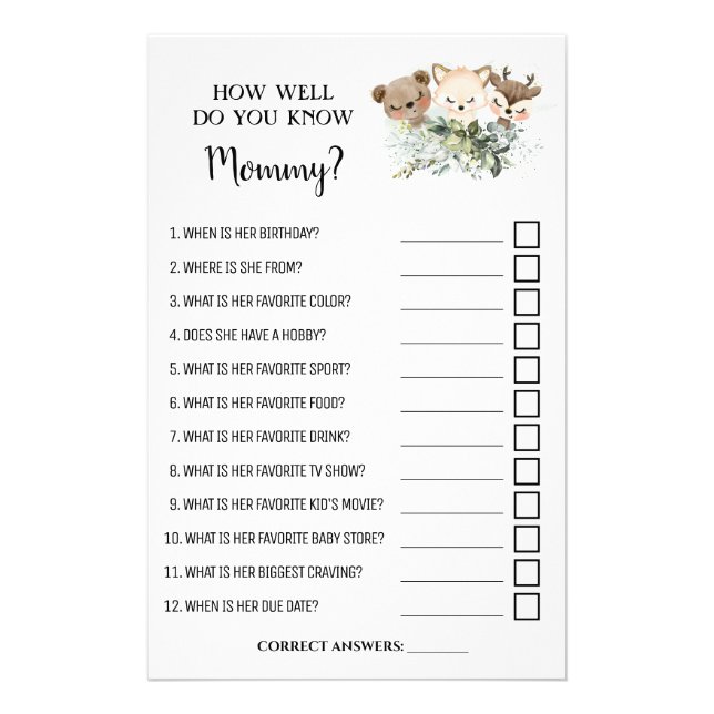 Forest How well do you know Mom Shower game card Flyer (Front)