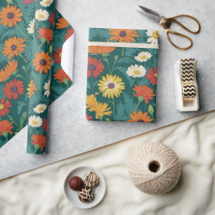 Forest Hunter Green Orange Yellow White Daisy Wrapping Paper