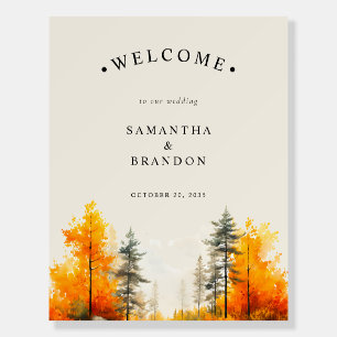 Forest in fall colors autumn wedding welcome sign