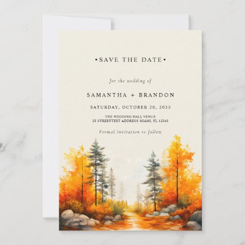 Forest in fall colors wedding save the date
