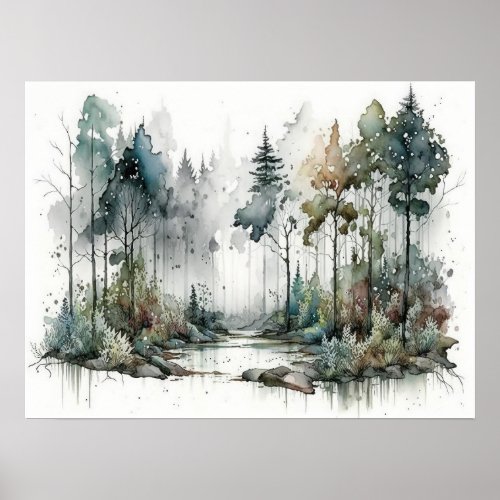 Forest in Gentle Rain Watercolor Poster