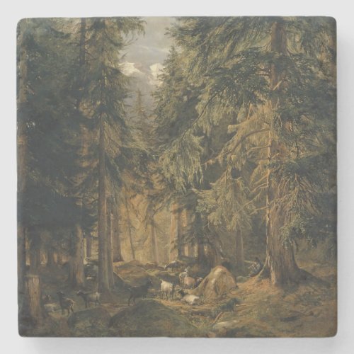 Forest in the High Mountains with Flock of Goats Stone Coaster