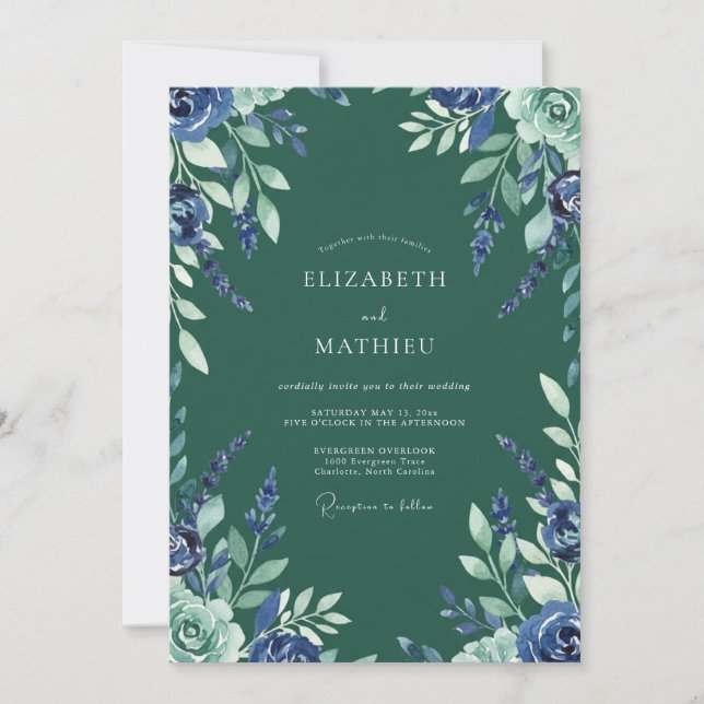 Forest Indigo Cornflower Eucalyptus Wedding Invitation (Front)