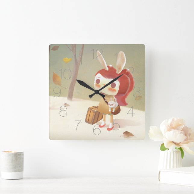 Forest Journey: Bunny Girl with Vintage Suitcase Square Wall Clock (Home)