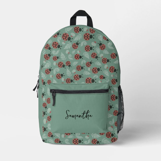 Forest Ladybugs Green Background Printed Backpack (Front)