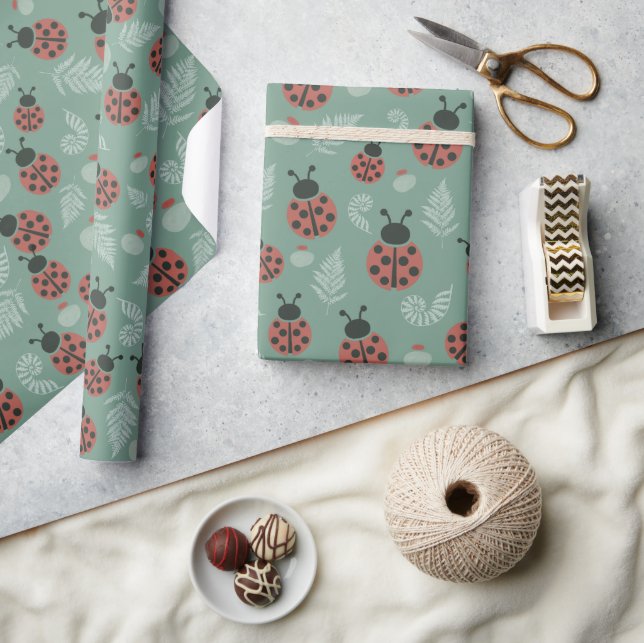 Forest Ladybugs Green Background Wrapping Paper (Crafts)