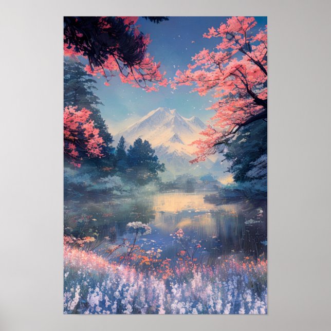 Forest Lake and Snowy Mountain Panorama Poster (Front)