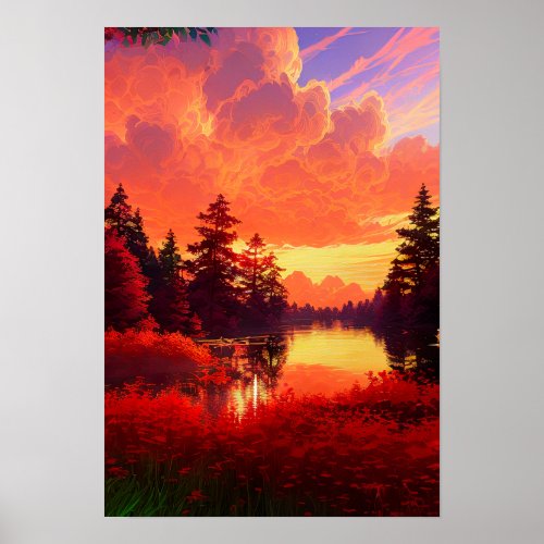 Forest Lake Bathed in Red Sunset Poster