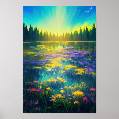 Forest Lake in the Blanket of Colorful Lilies Poster
