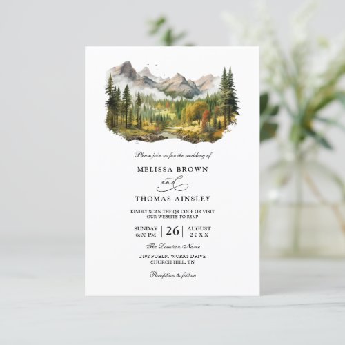 Forest Lake Mountain Budget QR Code Wedding Invitation