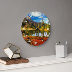 Forest Lake Mountains Autumn Colors Watercolor Art Large Clock