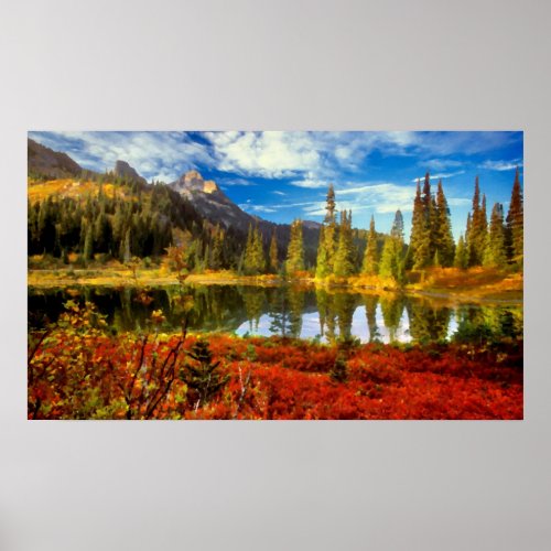 Forest Lake Mountains Autumn Colors Watercolor Art Poster