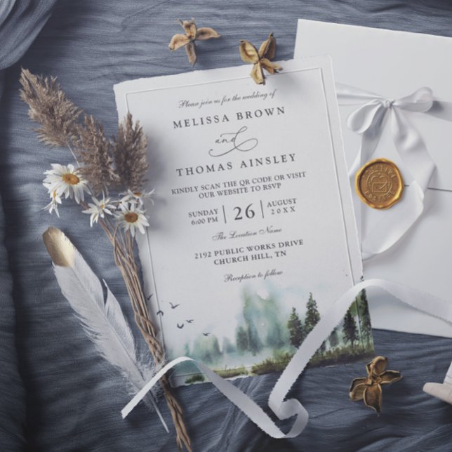 Forest Lake Woodland Watercolor QR Code Wedding Invitation (Creator Uploaded)