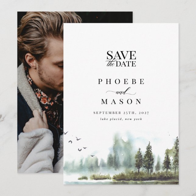 Forest Lake Woodland Wedding Photo Save the Date Invitation (Front/Back)