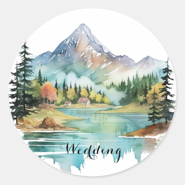 Forest Lakeside Colorful Mountain Wedding Classic Round Sticker (Front)